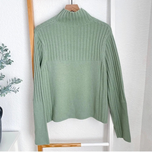 Sally Lapointe Merino Wool Cashmere Rib Sweater Turtleneck Jade Sage Green L - Picture 11 of 11